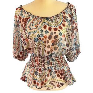 XOXO Floral Blouse Smocked Waist Sheer Top Boho Chic Made in USA Medium